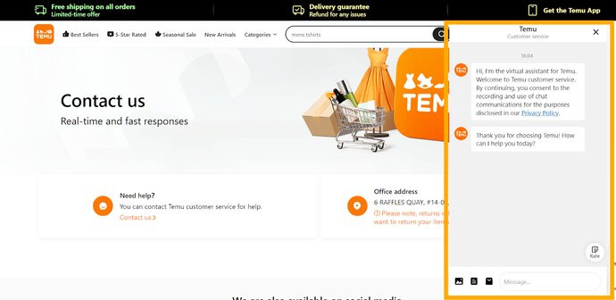 A message box will pop up, to start a chat with Temu customer service