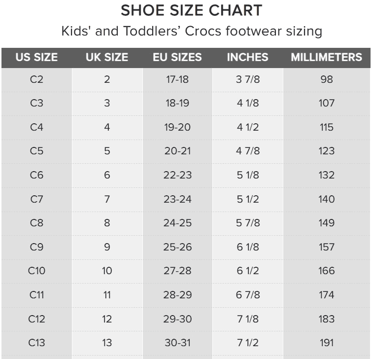 Crocs Children's Size Chart Crocs Children's Size Chart