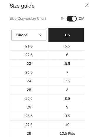 FARFETCH’s size chart for kids’ shoes