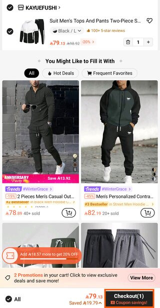 Screenshot of shopping cart and checkout at the Shein app in English