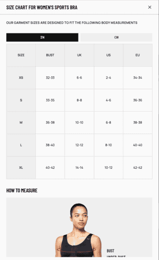 Screenshot of the Size Guide for Women’s Sports Bras on SQUATWOLF in English Screenshot of the Size Guide for Women’s Sports Bras on SQUATWOLF in English