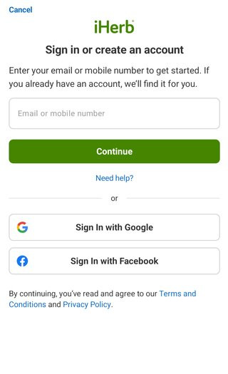 How to create account or sign in at the iHerb app in English
