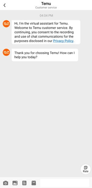 Start chatting with Temu’s customer service team