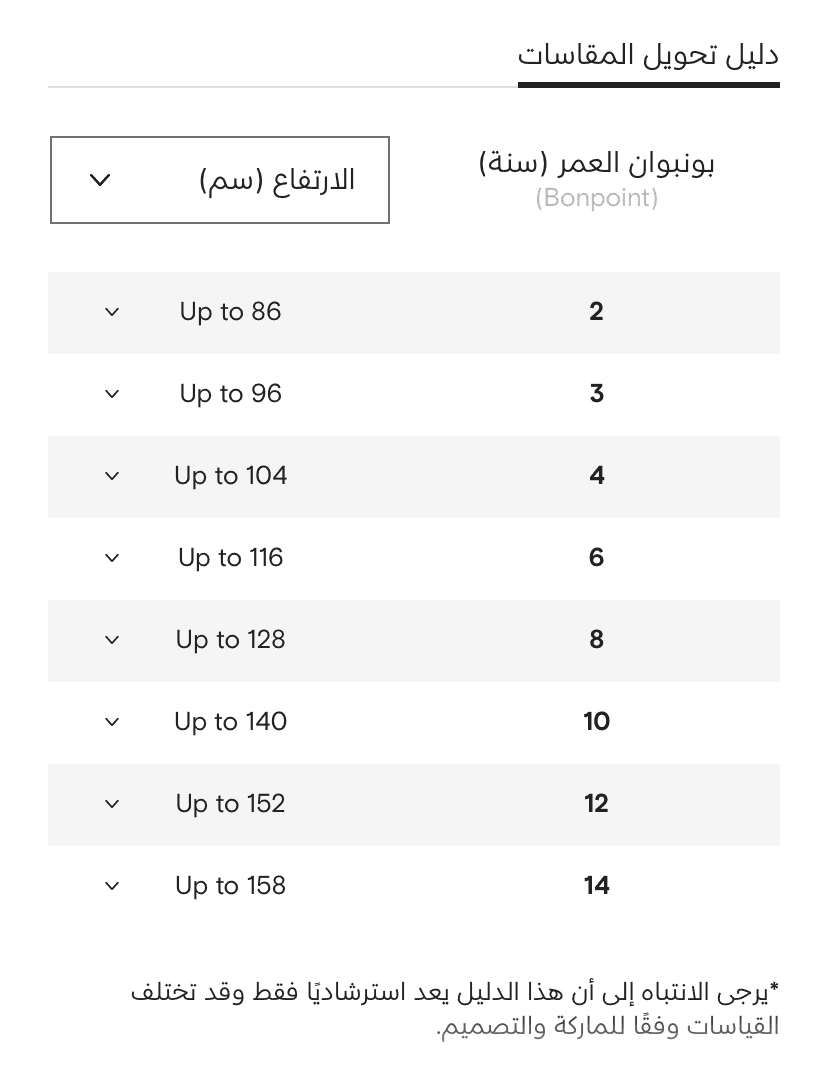جدول مقاسات فارفيتش لملابس الأطفال السفلية