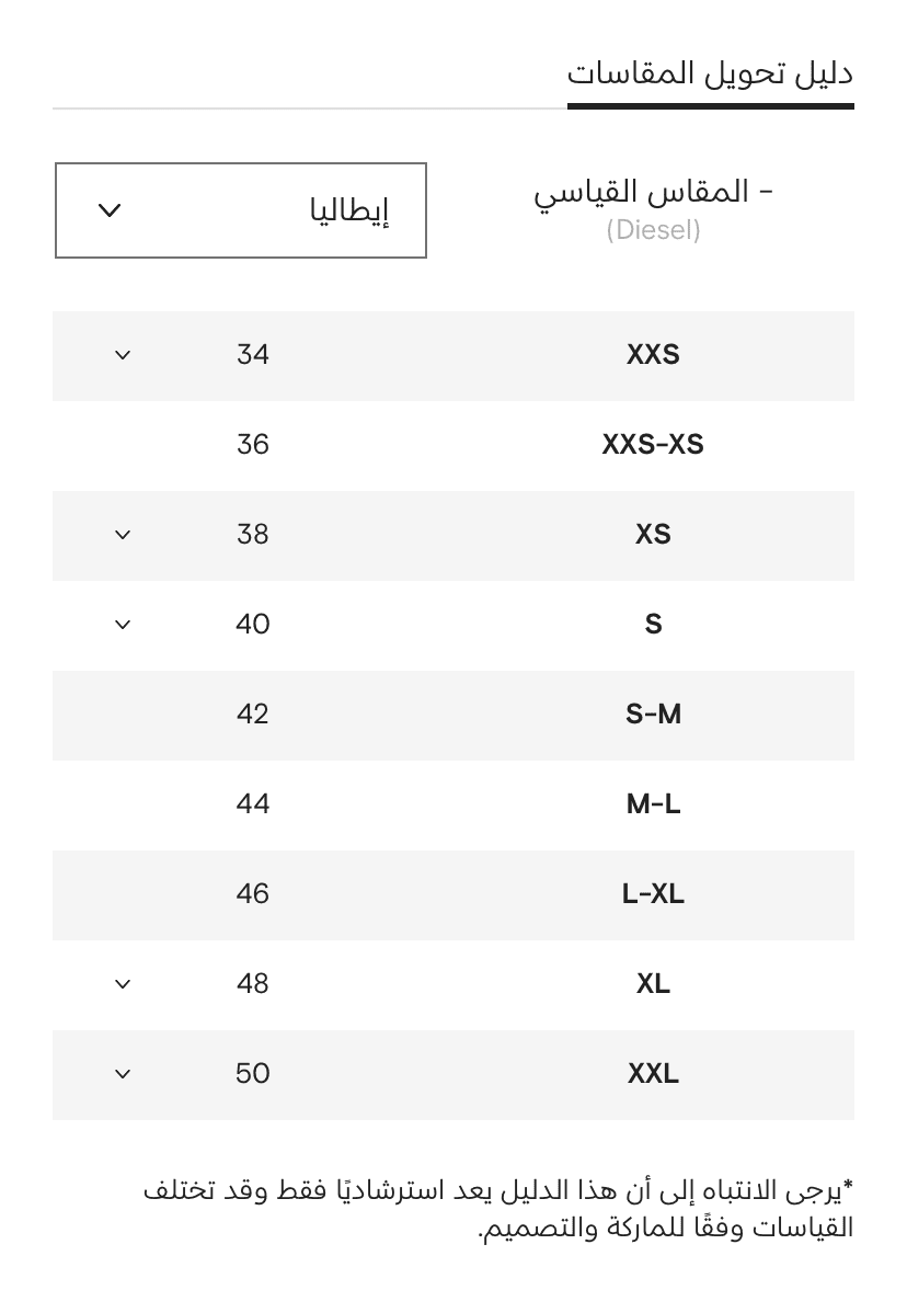 جدول مقاسات فارفيتش للملابس العلوية النسائية
